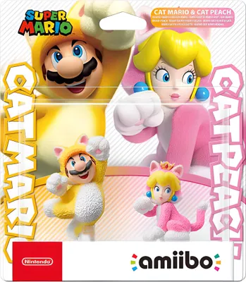 Packaging for Super Mario amiibo figures of Cat Mario and Cat Peach.