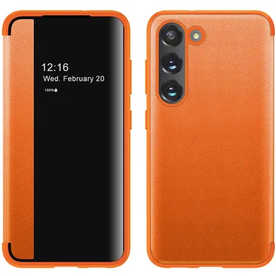 Obrázek produktu pro Pouzdro pro Samsung Galaxy S23+ tenkéPolyuretankožené klopové pouzdro s okénkem pro zobrazení Pomerančový
