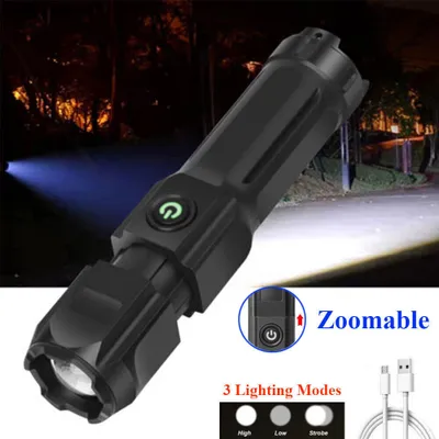A black flashlight is displayed in a dark outdoor setting, with a beam of light projected outwards.