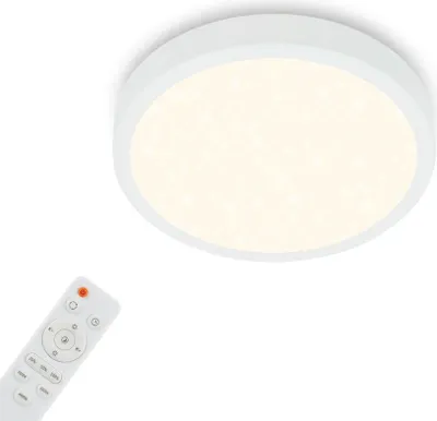 A white LED ceiling light with a remote control on a white background.