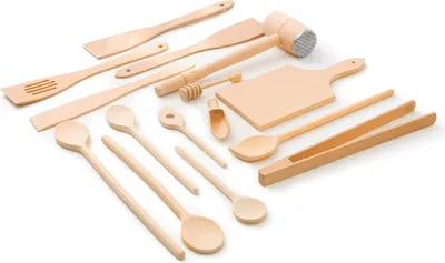 Produktbild von 15-teiliges Küchengeräteset - Buchenholz - Holzlöffel - Spatel - Honiglöffel - Grillzange - Schneidebrett - Fleischklopfer - Kräuterlöffel