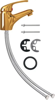 A golden faucet with attached hoses and mounting hardware, presented on a white background.