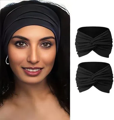 Produktbild von 2er-Pack extra breite Haar- und Stirnbänder für Damen, elastische Haarreifen für Yoga und Sport, Haarschmuck, Schwarz