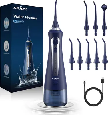Obrázok produktu pre Prenosný vodný irigátor – elektrická ústna sprcha – nádržka s objemom 230 ml – 5 režimov – 5 nástavcov – pulz 1600–1999/min – dobíjateľný – modrý