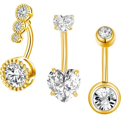 Image de Ensemble de 3 piercings pour nombril, en acier chirurgical, avec zirconium, de 10 mm de diamètre, de 1,6 mm d'épaisseur (14G), en argent et en or