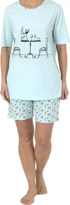 Produktbild von Lässiger Damen Shorty Pyjama Schlafanzug kurzarm mit verspielten Motiv -191 205 90 206  ; hellblau , 36