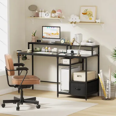 Produktbild von Gamingtisch mit Schubladen und Druckerablage im Industriestil