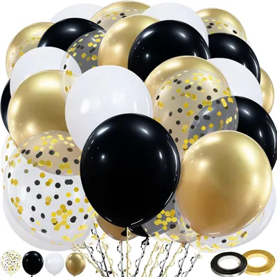 Image de Ballons noirs et dorés - Lot de 60 - Ballons noirs et dorés - 30,5 cm, ballons métallisés dorés avec confettis et ballons noirs - Pour une fête