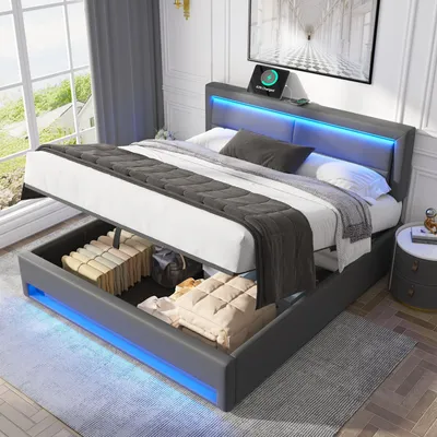 Produktbild von Flieks čalúnená posteľ 160x200cm s USB, hydraulická skriňová pružinová posteľ s LED, úložná posteľ pre mladých s lamelovým roštom, manželská drevená posteľ, PU, sivá