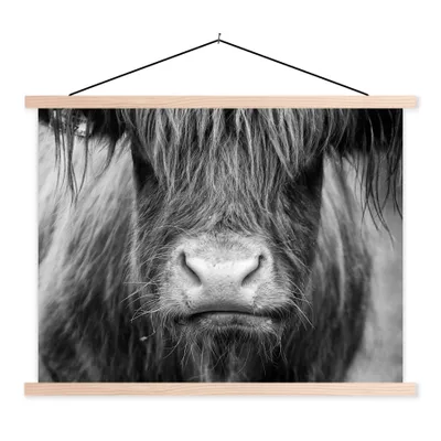 Produktbild von MuchoWow® Textilposter Schottischer Highlander - Kuh - Schwarz - Weiß - Tiere 60x45 cm mit holzfarbenen Rahmen - Bild