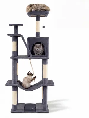 Produktbild von Katzenkratzbaum, großer Kratzbaum, Katzenbaum, 6 Ebenen, Höhle, Hängematte, Aussichtsplattform, Kratzpfosten, Spielball, Dunkelgrau