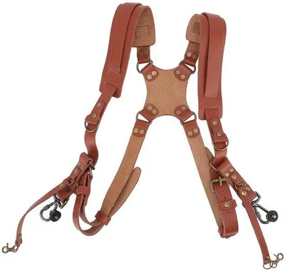 Immagine prodotto di Tracolla in pelle per 2 fotocamere - Elegante e comoda - Nera - Ideale per i fotografi