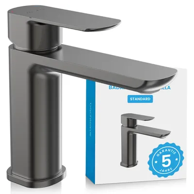 Produktbild von Bächlein Badarmatur Mizarela in klassischem Design, Einhebelmischer mit langlebiger Keramikkartusche und Montage-Set, Bad Wasserhahn Anthrazit - flacher Auslauf