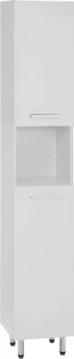 A tall, narrow white cabinet with silver legs.