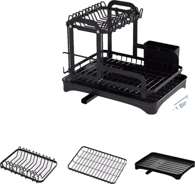 Produktbild von Geschirrabtropfgestell, 360-Grad-Abflussöffnung, praktischer Besteckhalter, schwarz, 2-stufig