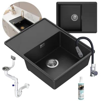 Produktbild von GRANMASTER SMUUD Granitspülbecken Komplett-Set mit Schwarzer Edelstahl-Küchenarmatur, Manueller Syphon und Imprägniermittel – 1-komorige Spüle