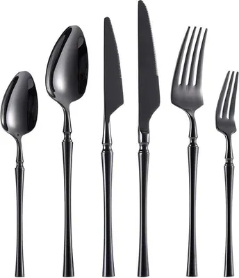 Image de Service de couverts pour 6 personnes, 36 pièces, acier inoxydable de qualité, comprenant couteaux, fourchettes, cuillères et couteaux à steak, finition brillante, lavable au lave-vaisselle (noir)