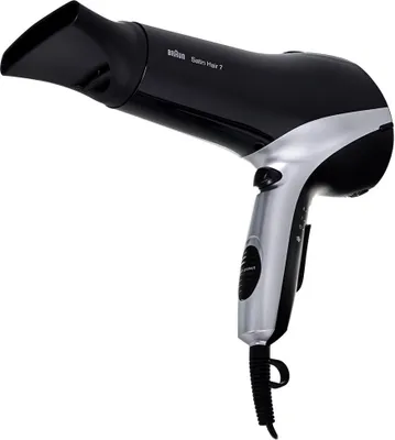 A black and silver Braun Satin Hair 7 hairdryer is shown against a white background.