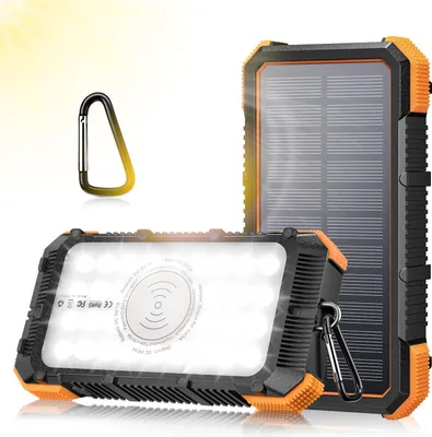 Produktbild von Solar Powerbank - Kabellose Powerbank - 32000 mAh Externer Akku - USB-C Schnellladung - 5 Ausgänge - Orange