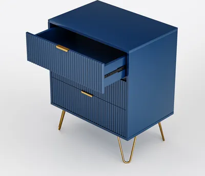 Produktbild von Fortuna Lai Kommode mit 3 Schubladen, Sideboard mit Vergoldetebeine, H: 70 cm, B: 60 cm, T: 40 cm. Schubladenkommode, Kommode mit Schubladen, Sideboard Wohnzimmer, Marineblau