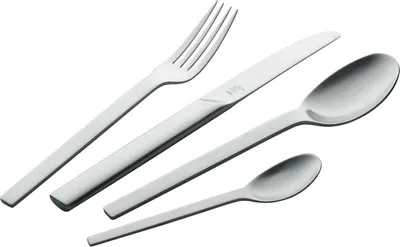 A set of four stainless steel cutlery items, including a fork, knife, large spoon, and small spoon, arranged diagonally on a white background.