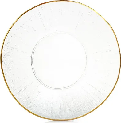 A single, clear glass plate with a gold rim, shown from a top-down perspective against a white background.
