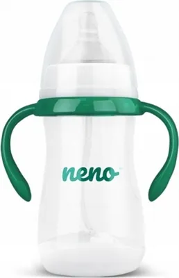 A baby bottle with green handles and a green ring around the neck. The bottle has the brand name 'neno' printed on it in teal.