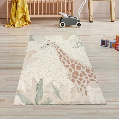 Produktbild von Kinderzimmer Spielezimmer Teppich mit Giraffen Abbild in creme beige Größe - 80 x 150 cm