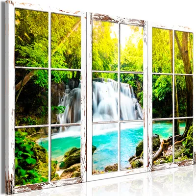Produktbild von Modernes Wandbild Fensterblick 90x60 - 1 Teile Bilder Fotografie auf Vlies Leinwand Foto Bild Dekoration Wand Bilder Kunstdruck Natur Wasserfall Baum grün c-C-0404-b-a