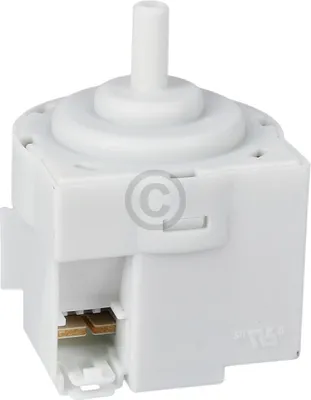 A white electronic component with a knob on top and metal connectors on the side.