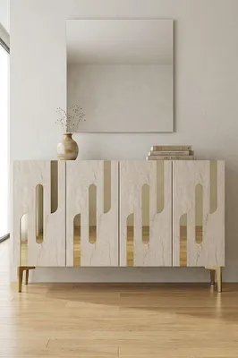 Produktbild von Skye Decor, Hochwertiger Konsolentisch (3-teilig) in Weiß, Travertin & Gold, 120 cm