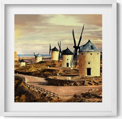 Produktbild von Cosuegra Windmühlen– Wandbild mit Rahmen – Gerahmtes Bild  – Wanddekoration – 50x50 cm –  Weiß Rahmen