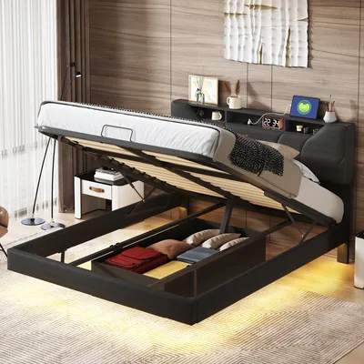 Produktbild von Polsterbett Doppelbett 140x200cm, Stauraumbett mit Kopfteil-USB C und Stauraum, Hydraulisches Bett Bettgestell mit Lattenrost aus Metallrahmen und Bettkasten, PU,Schwarz