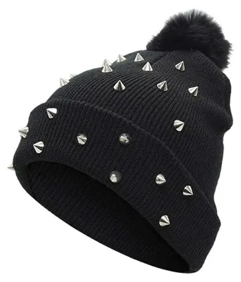 Zdjęcie produktu dla Czapka dziewiarska z nitami i pomponem z wełny, idealna dla kobiet, styl grunge i Y2K, alternatywne, gotyckie i emo dodatki, ciepła na jesień i zimę