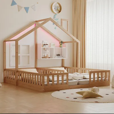 Produktbild von STILVORA Kinderbett 90×200 mit zwei Matratze Bettgestell mit LED-Beleuchtung und Sicherheitsgeländer, Doppelbett mit Fenstern und Schornstein, Hausbett mit Ablageflächen
