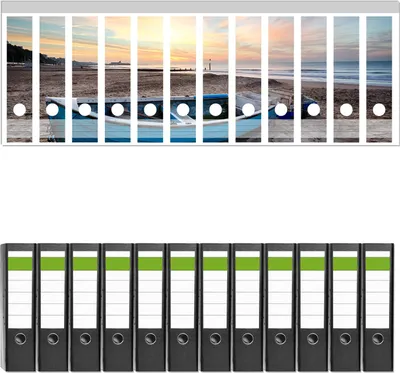 Produktbild von Wallario 12 Stück breite Ordner inkl. Klebeetiketten mit Motive Fischerboot am Strand bei Sonnenuntergang -  Set mit Rückenschildern / Ordnerrücken Stickern