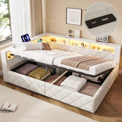 Image de Canapé-lit 140 x 200 cm avec espace de rangement hydraulique, éclairage LED, port USB, étagère à la tête de lit et sommier à lattes, en lin, couleur beige