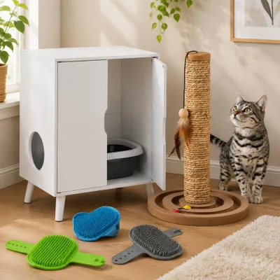 Immagine prodotto di Set essenziale per gatti (3 pezzi) – Mobile per lettiera, set di 3 spazzole per la toelettatura e tiragraffi