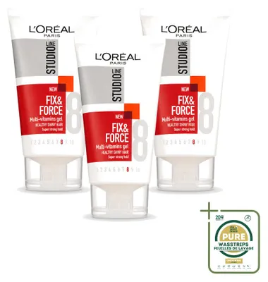 Imagen del producto de 3 x Gel Fijador y Moldeador Super Fuerte L'Oréal Paris Studio Line Essentials, 150 ml - Pack de 3 unidades