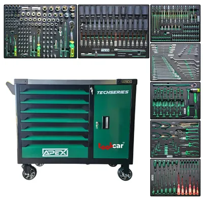 Zdjęcie produktu dla Toolcar APEX Garage 2024 7/8 Royal Green w pełni wyposażony wózek warsztatowy jumbo Wózek narzędziowy