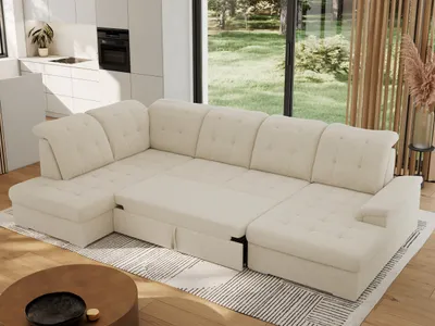 Produktbild von MKS MEBLE Ecksofa Wohnlandschaft U-Form, Sofa mit Schlaffunktion, Schlafsofa mit bettkasten, Couch mit Schlaffunktion - Beige Boucle - Madrito U - links