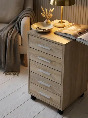 Produktbild von Rollcontainer Sonoma 33 x 63 x 38 cm Holz Schubladenschrank Schreibtisch, Büro Schrank mit 5 Schubladen, Container Rollschrank klein Standcontainer schmal, Schreibtischcontainer mit Rollen