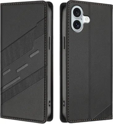 Produktbild von Hülle für iPhone 16 Plus, Kunstleder Brieftaschen Handyhülle mit Kartenfach und Standfunktion Schwarz