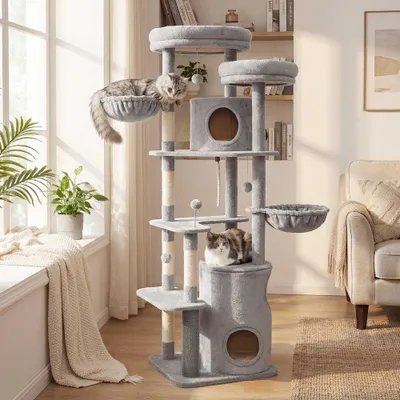 Immagine prodotto di Albero per gatti multistrato con diverse piattaforme | Grigio chiaro | 60x55x196 cm