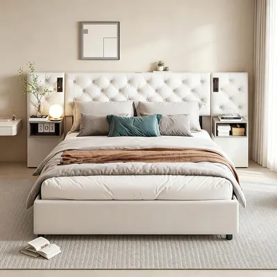 Immagine prodotto di Letto imbottito INONEFT 140x200, letto per ragazzi con testiera contenitore dotata di porte USB e Type-C, letto con sistema di sollevamento idraulico e illuminazione LED, letto con rete a doghe e spazio contenitivo, rivestito in velluto, colore beige.