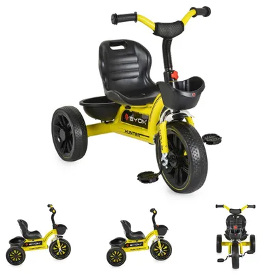 Productafbeelding van Byox driewieler Hunter, met EVA-banden, verstelbare zitting, mand, en ergonomische handgrepen, kleur: geel