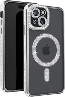 A clear, professional shot of a phone case with a diamond-like rim and a magnetic ring, placed next to a phone.