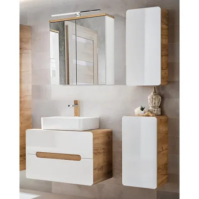 Produktbild von Badmöbel Komplettset in Hochglanz weiß mit Wotan Eiche Nb. LUTON-56 Keramik-Waschtisch B/H/T ca. 130/200/46 cm