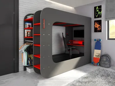 Image de Lit mezzanine avec bureau gaming & espace de rangement + LED - 90 x 200 cm - Anthracite & Rouge - WARRIOR