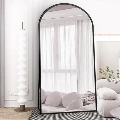 Immagine prodotto di Specchio a figura intera, specchio ad arco, dimensioni 200x100 cm, colore nero, alluminio, vetro temperato, da appoggio o da parete